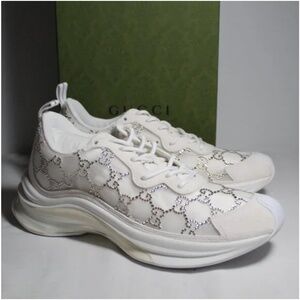 NWB Gucci Run White GG Crystal Sneakers Lace Up Flats 40 758088